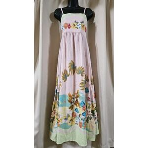 Le Ragazze‎ Linen Cotton Smocked Back Spaghetti Strap Midi Dress Small Tropical